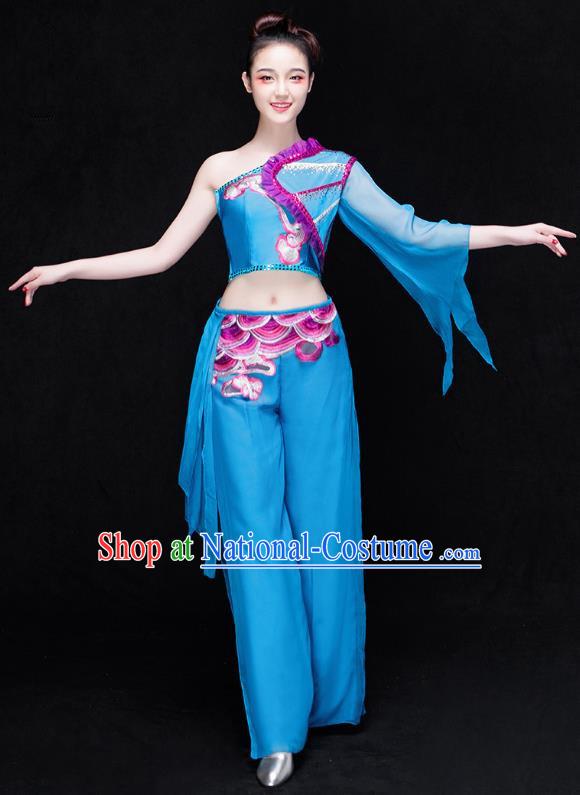 Traditional Chinese Classical Dance Fan Dance Costume, China Yangko Dance Blue Single Sleeve Clothing for Women