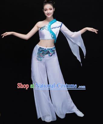 Traditional Chinese Classical Dance Fan Dance Costume, China Yangko Dance White Single Sleeve Clothing for Women