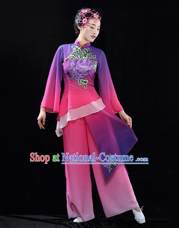 Traditional Chinese Classical Dance Fan Dance Costume, China Yangko Dance Purple Clothing for Women