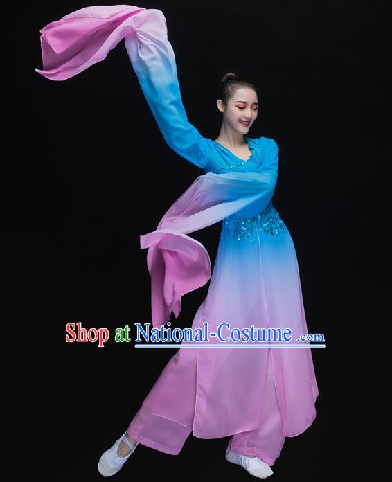 Traditional Chinese Classical Dance Fan Dance Costume, China Yangko Dance Water Sleeve Blue Clothing for Women