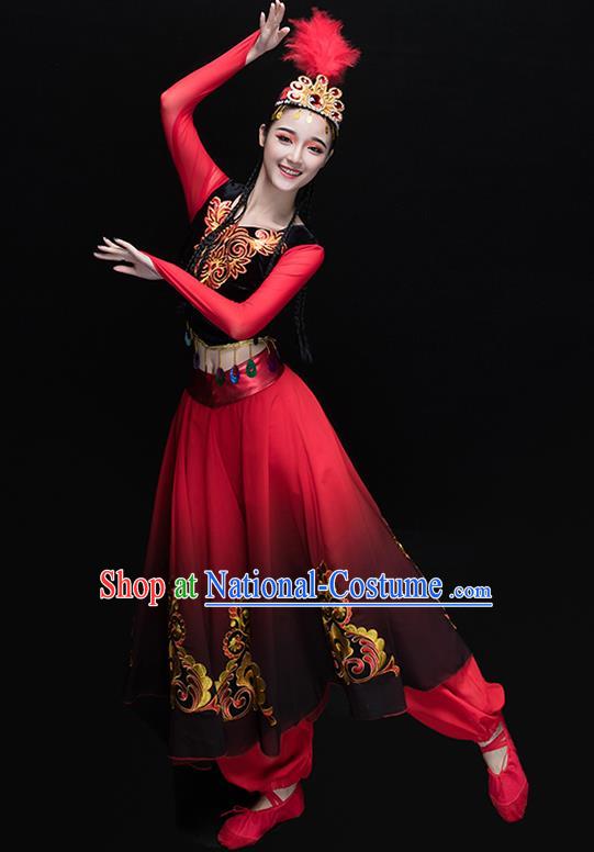 Traditional Chinese Uyghur Nationality Dance Costume, Chinese Uigurian Minority Dance Red Clothing for Women