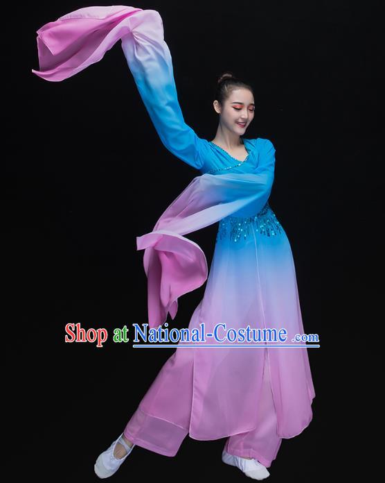 Traditional Chinese Classical Dance Fan Dance Blue Costume, China Yangko Dance Water Sleeve Clothing for Women