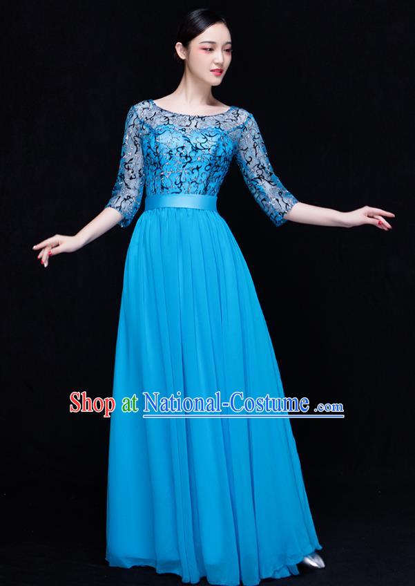 Traditional Chinese Modern Dance Costume Opening Dance Chorus Singing Group Blue Bubble Dress for Women