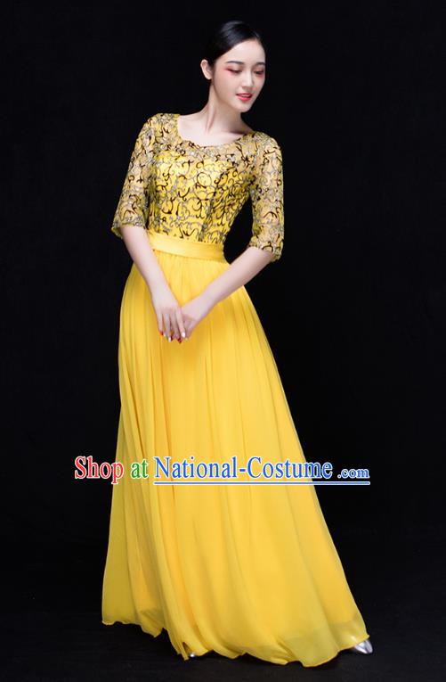 Traditional Chinese Modern Dance Costume Opening Dance Chorus Singing Group Yellow Bubble Dress for Women