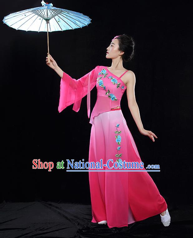 Traditional Chinese Classical Dance Fan Dance Embroidered Pink Costume, China Yangko Dance Clothing for Women