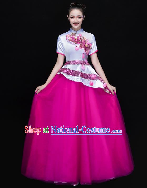 Traditional Chinese Modern Dance Costume, Opening Dance Chorus Singing Group Rosy Dress for Women