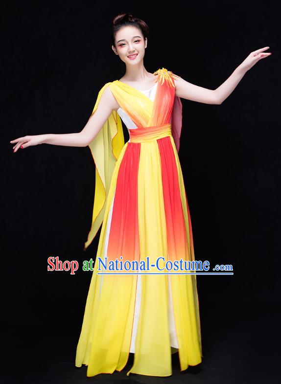 Traditional Chinese Modern Dance Costume, Opening Dance Chorus Singing Group Yellow Dress for Women