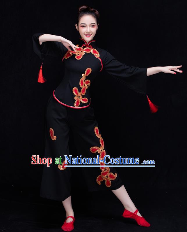 Traditional Chinese Classical Yangge Dance Black Uniforms Embroidered Costume, China Yangko Dance Dress Clothing for Women