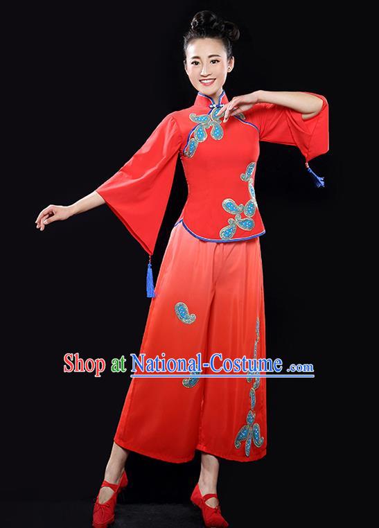 Traditional Chinese Classical Yangge Dance Red Uniforms Embroidered Costume, China Yangko Dance Dress Clothing for Women