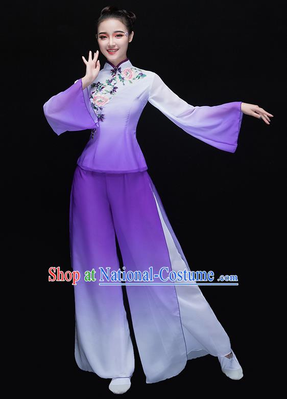 Traditional Chinese Classical Yangge Dance Purple Embroidered Uniforms, China Yangko Dance Clothing for Women