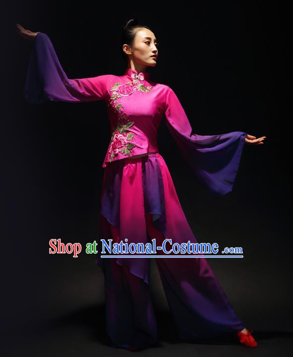 Traditional Chinese Classical Yangge Umbrella Dance Costume, China Yangko Fan Dance Rosy Clothing for Women