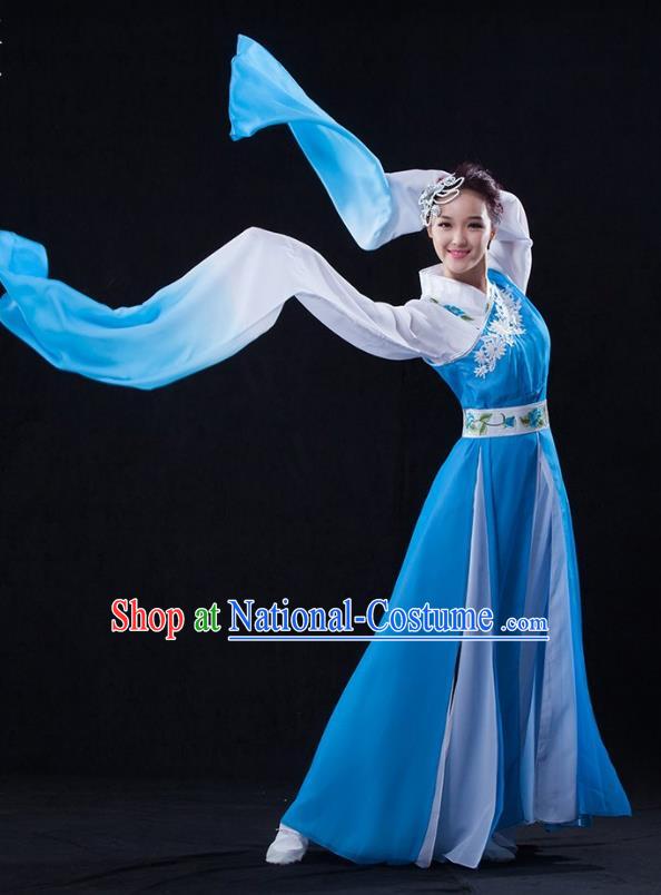 Traditional Chinese Classical Umbrella Dance Water Sleeve Costume, China Yangko Dance Blue Clothing for Women