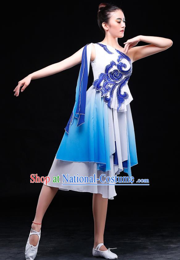 Traditional Chinese Classical Umbrella Dance Blue Costume, China Yangko Dance Clothing for Women