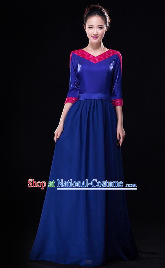 Traditional Chinese Modern Dance Costume, Opening Dance Chorus Singing Group Blue Dress Clothing for Women