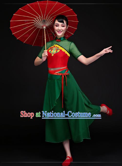 Traditional Chinese Classical Dance Fan Dance Green Costume, China Folk Dance Yangko Clothing for Women