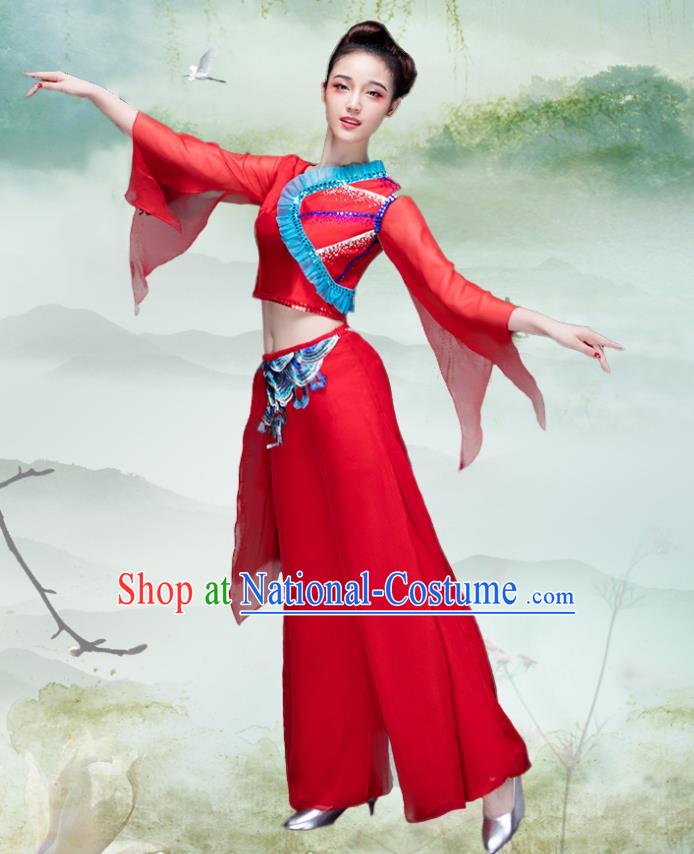 Traditional Chinese Classical Dance Fan Dance Costume, China Yangko Dance Red Clothing for Women