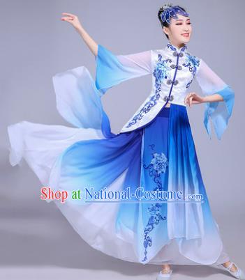 Traditional Chinese Classical Umbrella Dance Embroidered Costume, China Yangko Folk Dance Blue Dress Clothing for Women