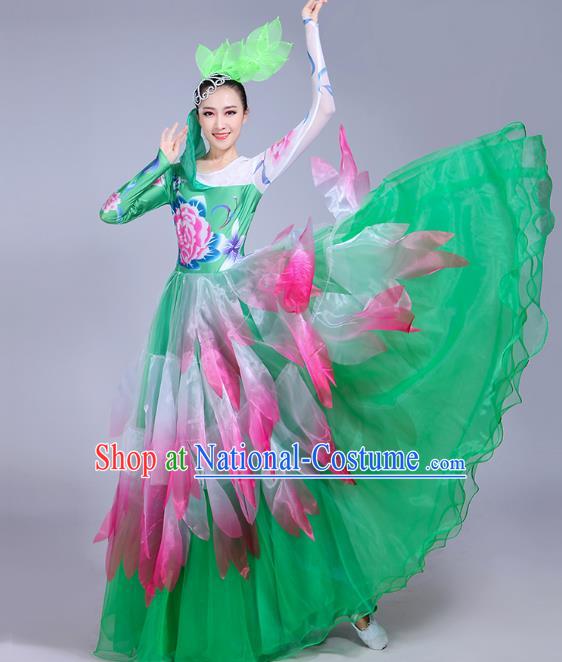 Traditional Chinese Modern Dance Opening Dance Flowers Green Dress Clothing, China Folk Dance Lotus Dance Costume for Women