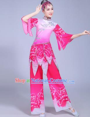 Traditional Chinese Classical Umbrella Dance Costume, China Yangko Folk Dance Pink Clothing for Women