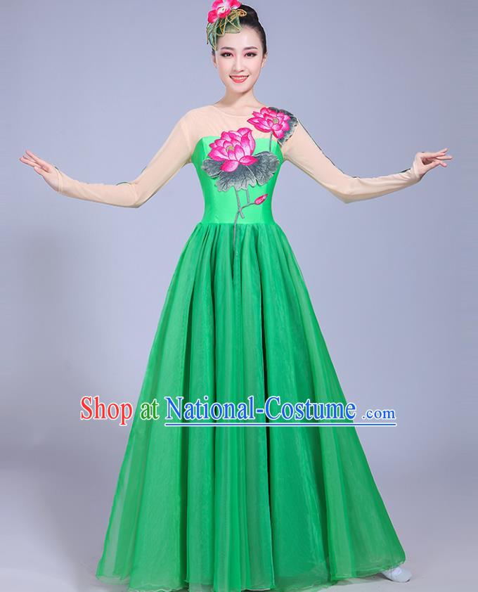 Traditional Chinese Classical Lotus Dance Embroidered Costume, China Yangko Folk Dance Green Dress Clothing for Women