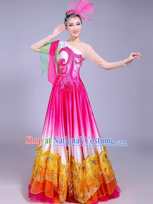 Traditional Chinese Modern Dance Opening Dance Big Swing Dress Clothing, China Folk Dance Lotus Dance Costume for Women