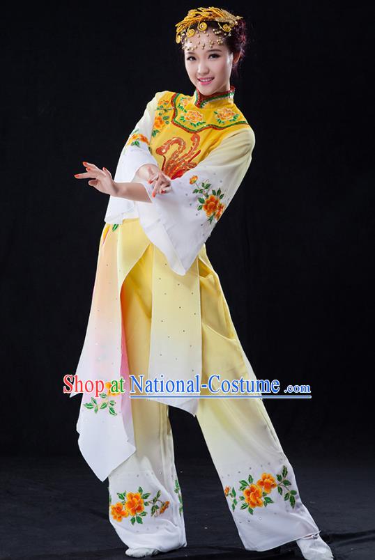 Traditional Chinese Classical Dance Umbrella Dance Water Sleeve Costume, China Folk Dance Yangko Yellow Clothing for Women