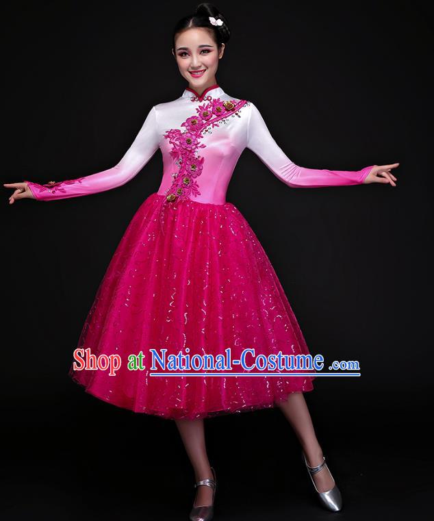 Traditional Chinese Modern Dance Fan Dance Costume, Opening Dance Chorus Bubble Dress Clothing for Women