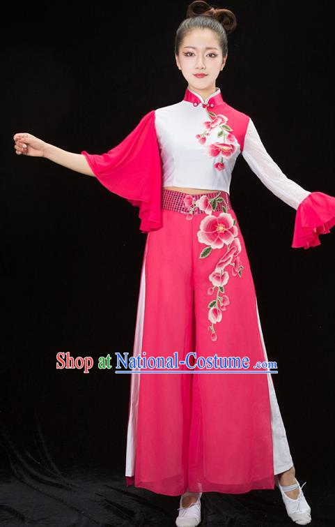 Traditional Chinese Classical Dance Umbrella Dance Embroidered Costume, China Folk Dance Yangko Pink Clothing for Women