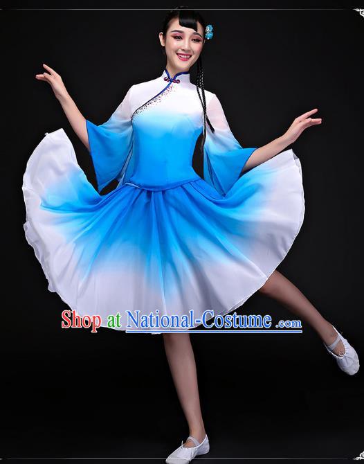 Traditional Chinese Classical Dance Fan Dance Costume, China Yangko Folk Dance Blue Dress Clothing for Women