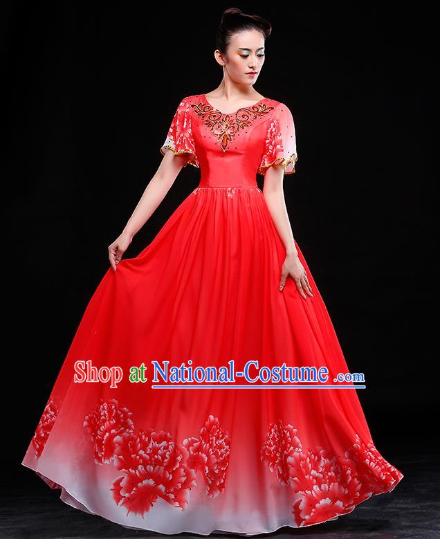 Traditional Chinese Modern Dance Costume, Opening Dance Chorus Red Long Dress Clothing for Women