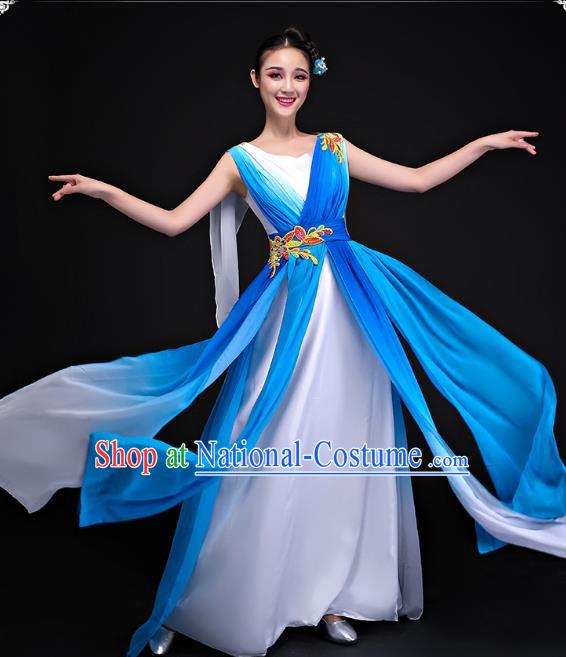 Traditional Chinese Modern Dance Costume, Opening Dance Chorus Blue Long Dress Clothing for Women