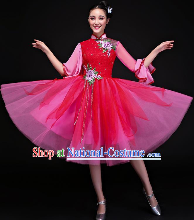 Traditional Chinese Modern Dance Rosy Cheongsam, Opening Dance Chorus Dress Clothing for Women