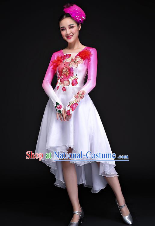 Traditional Chinese Modern Dance Embroidered Pink Costume, Opening Dance Chorus Dress Clothing for Women