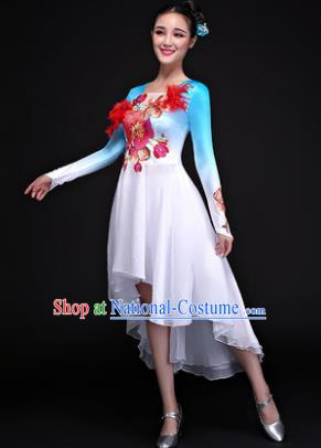 Traditional Chinese Modern Dance Embroidered Blue Costume, Opening Dance Chorus Dress Clothing for Women