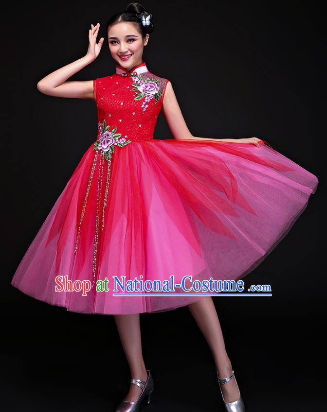 Traditional Chinese Modern Dance Embroidered Red Bubble Dress, Opening Dance Chorus Clothing for Women