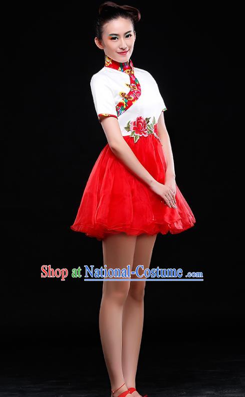 Traditional Chinese Classical Dance Costume, China Yangko Folk Dance Red Short Dress Clothing for Women