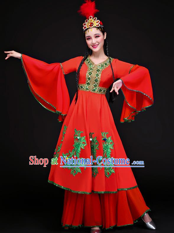 Traditional Chinese Uyghur Nationality Dance Costume, Chinese Uigurian Minority Dance Red Dress Clothing for Women