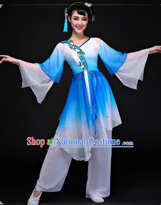 Traditional Chinese Classical Yangge Dance Costume, China Yangko Folk Dance Blue Clothing for Women