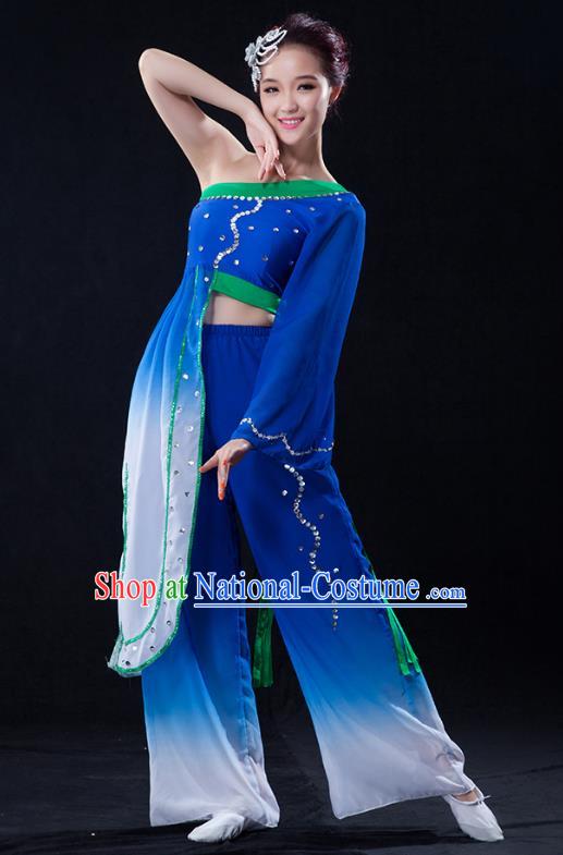 Traditional Chinese Classical Yangge Fan Dance Costume, China Yangko Folk Dance Blue Clothing for Women