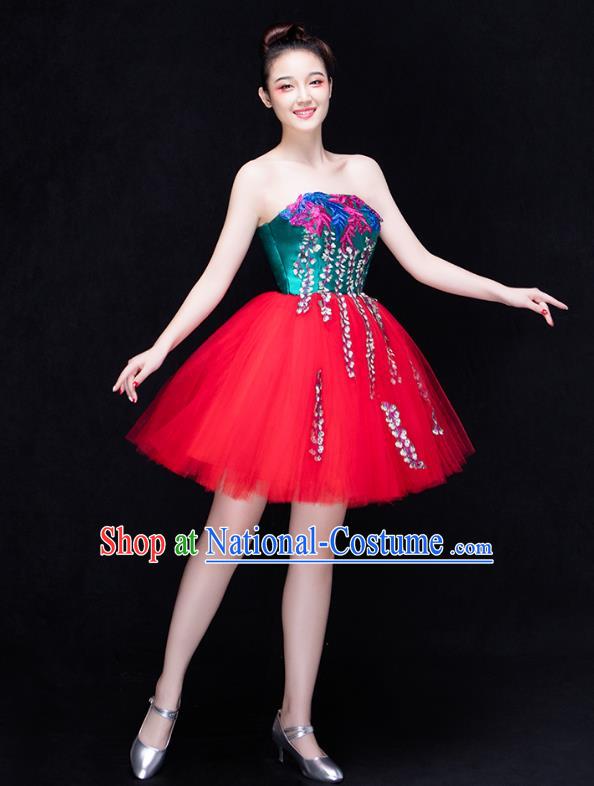 Traditional Chinese Modern Dance Fan Dance Costume, Opening Dance Chorus Red Veil Dress Clothing for Women