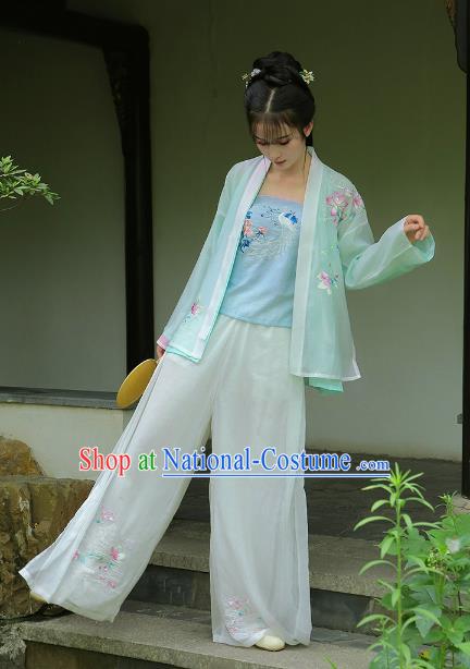 Traditional Chinese Song Dynasty Young Lady Hanfu Costume Embroidered Blouse and Pants for Women