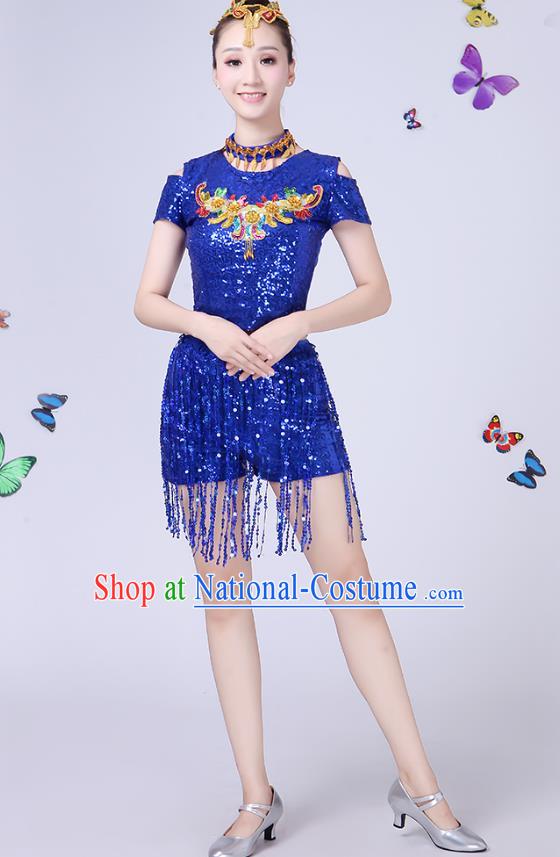 Traditional Chinese Modern Dance Opening Dance Jazz Dance Blue Paillette Uniform Folk Dance Chorus Costume for Women