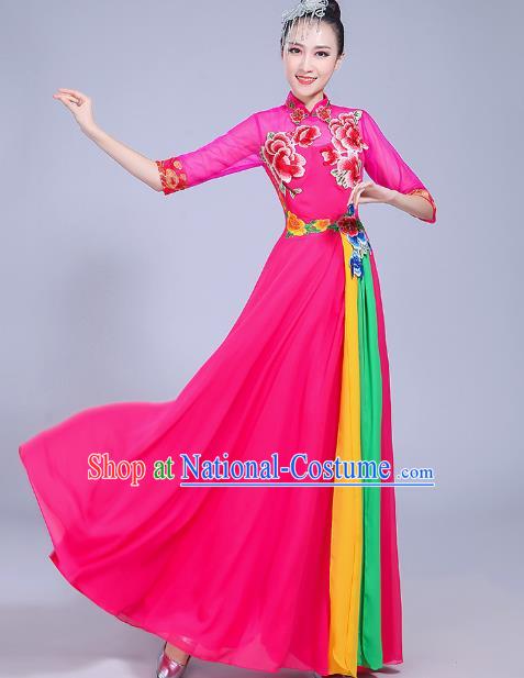 Traditional Chinese Modern Dance Opening Dance Clothing Folk Dance Chorus Rosy Dress Costume for Women