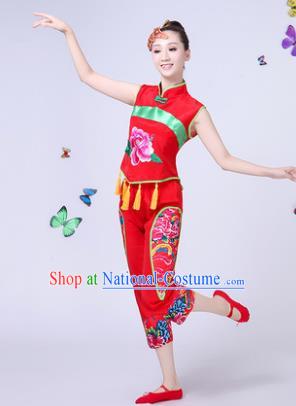 Traditional Chinese Classical Umbrella Dance Costume, China Yangko Folk Dance Yangge Peony Red Clothing for Women