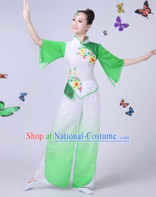 Traditional Chinese Classical Umbrella Dance Green Costume, China Yangko Folk Fan Dance Clothing for Women