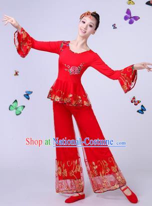 Traditional Chinese Classical Umbrella Dance Embroidered Lace Red Costume, China Yangko Folk Fan Dance Clothing for Women