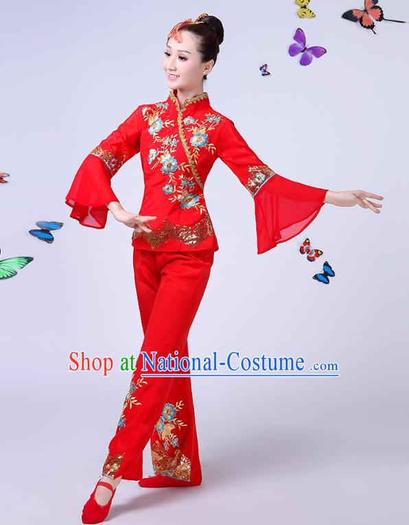 Traditional Chinese Classical Umbrella Dance Embroidered Red Uniform, China Yangko Folk Fan Dance Clothing for Women