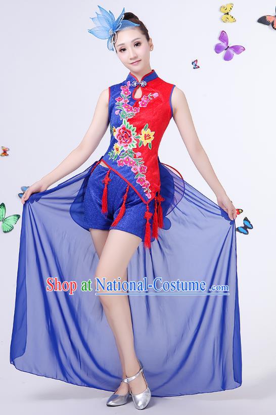 Traditional Chinese Modern Dance Opening Dance Clothing Jazz Dance Chorus Embroidered Blue Costume for Women