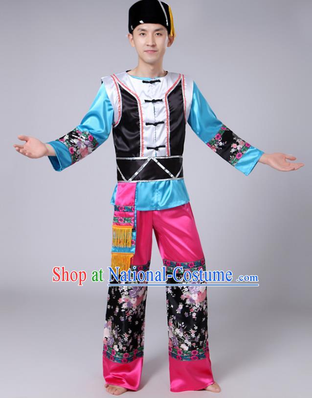 Traditional Chinese Yi Nationality Dance Costume, Hmong Folk Dance Minority Embroidery Clothing for Men