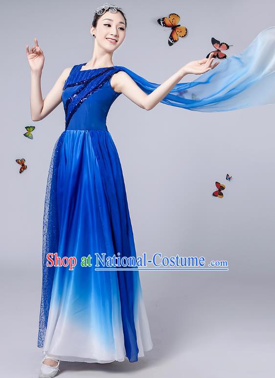 Traditional Chinese Modern Dance Opening Dance Clothing Chorus Blue Dress Costume for Women